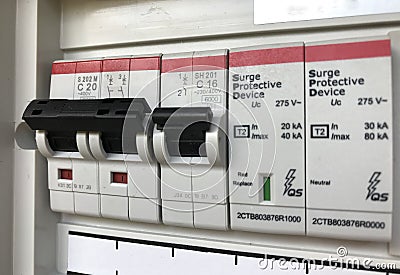 White electrical breaker turn on.â€‹ closeupâ€‹ theâ€‹ electrical breaker for solar cells. Stock Photo